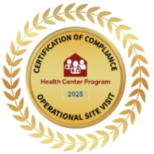 Badge for Health Center Program that reads "Certification of Compliance—Operational Site Visit" with the date of 2026 on it.