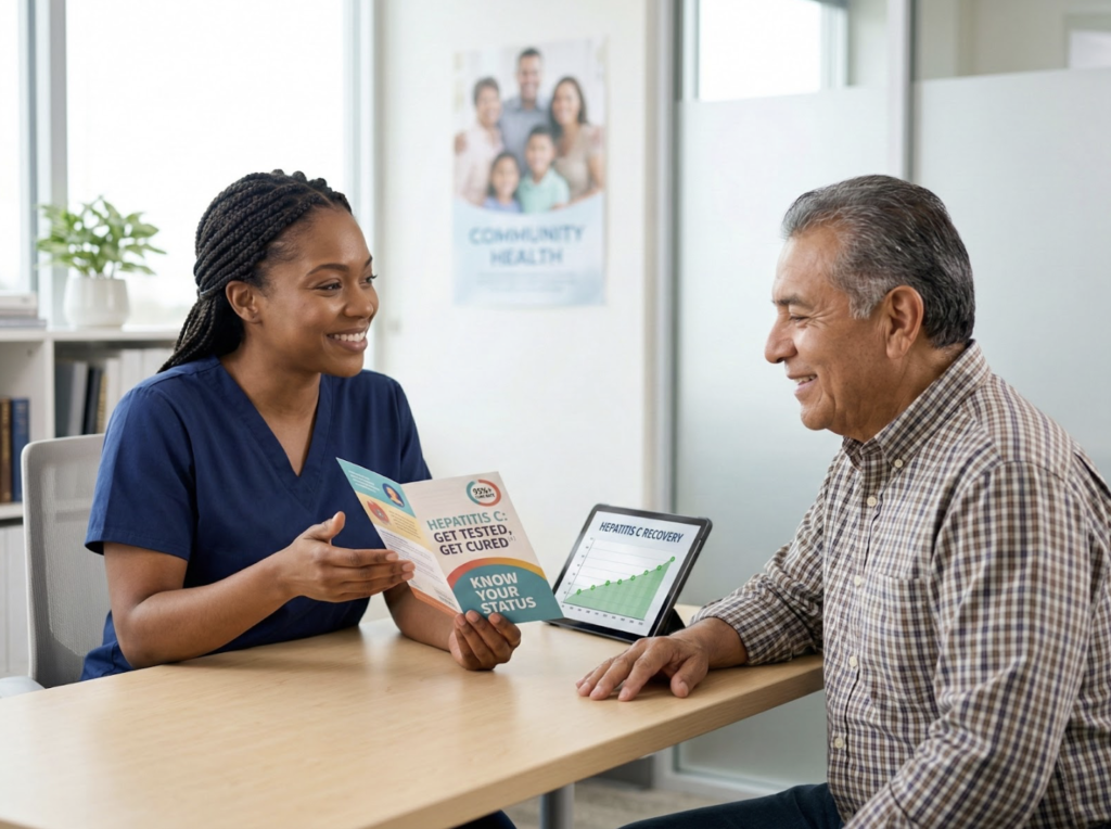 A smiling healthcare professional in blue scrubs showing an informational brochure reading "HEPATITIS C: GET TESTED, GET CURED" to a smiling older male patient sitting across a desk.