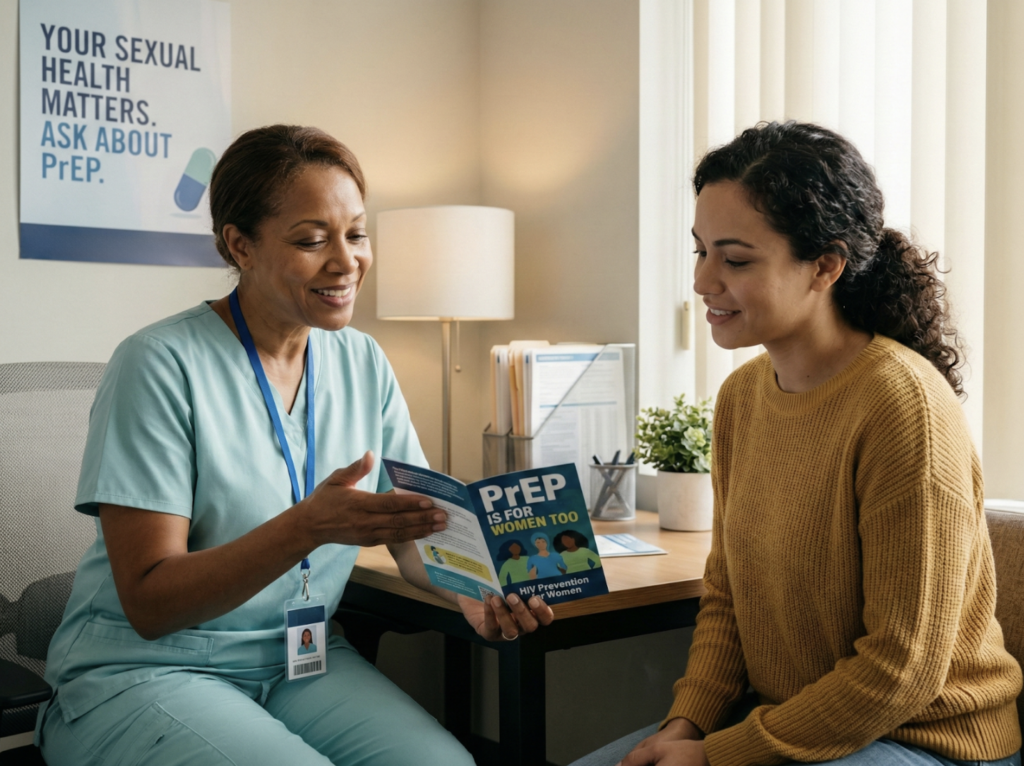 A smiling healthcare professional in green scrubs showing an informational brochure reading "PrEP IS FOR WOMEN TOO" to a smiling female patient sitting across a desk.