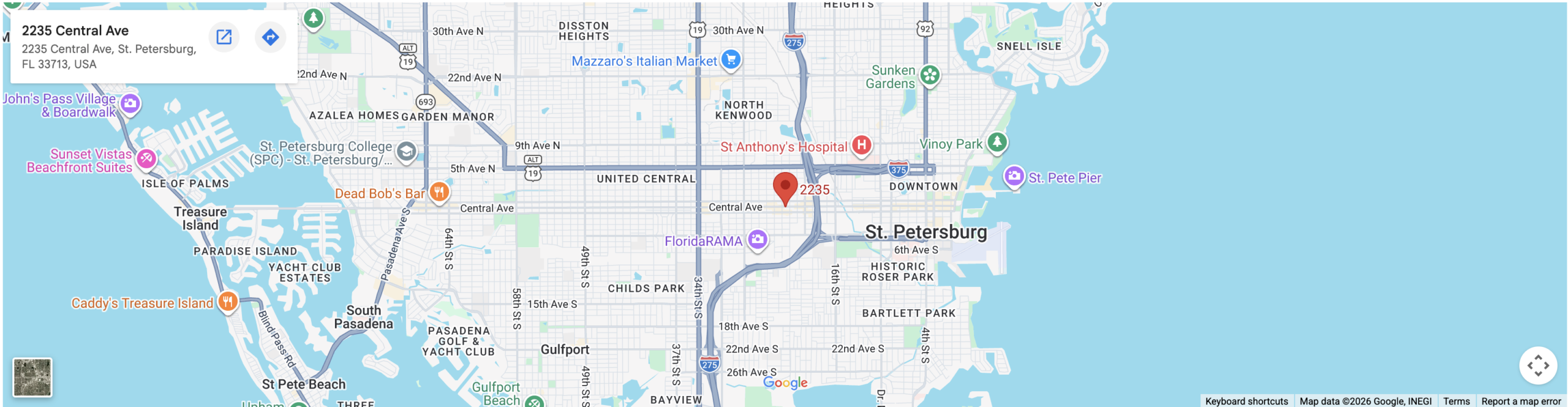 Map showing the location of 2235 Central Ave, St. Petersburg, FL 33713, USA