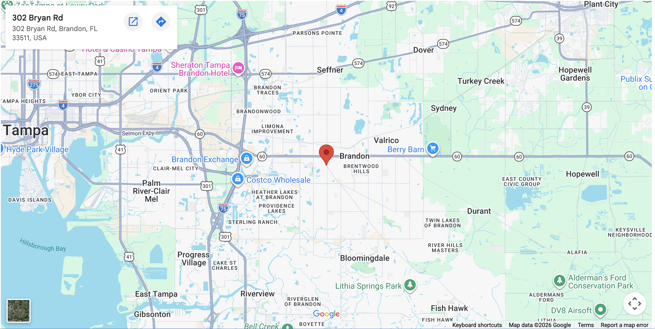 Map showing the location of Metro Inclusive Health at 302 Bryan Rd Brandon FL 33511