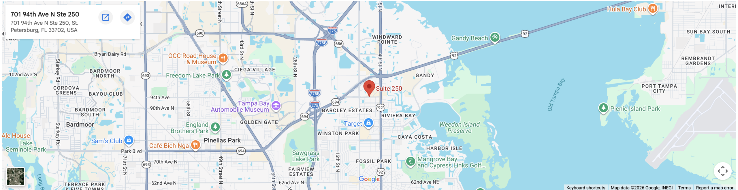 Map showing the location of 701 94th Ave N Ste 250, St. Petersburg, FL 33702, USA