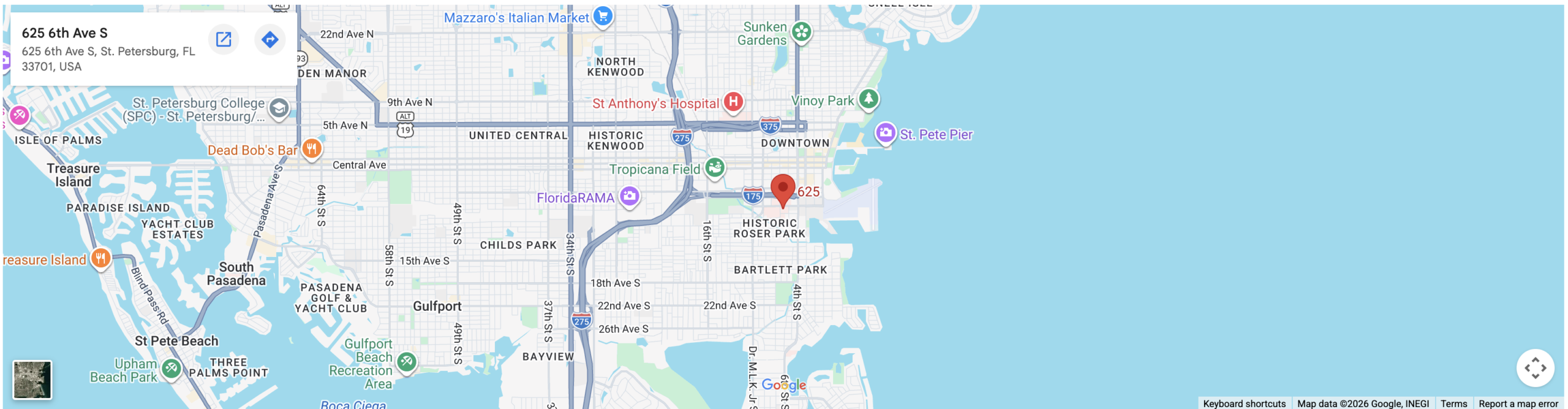Map showing the location of 625 6th Ave S, St. Petersburg, FL 33701, USA