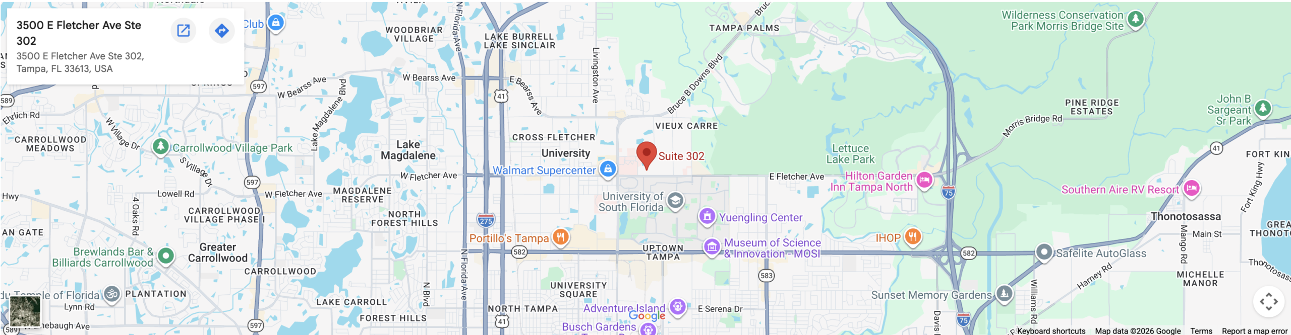 Map showing the location of 3500 E Fletcher Ave Ste 302, Tampa, FL 33613, USA