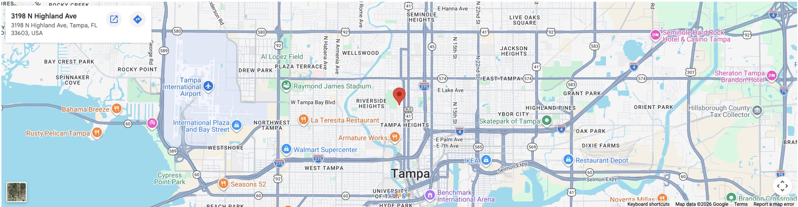 Map showing the location of 3198 N Highland Ave, Tampa, FL 33603, USA