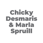 A transparent image displaying the names 'Chicky Desmaris & Marla Spruill' in a structured, serif font with varying sizes for visual emphasis, arranged on a checkered background indicating the transparency of the graphic.