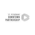 Logo of St. Petersburg Downtown Partnership displayed on a transparent background, featuring the organization's name in a formal typeface alongside a stylized graphic element.