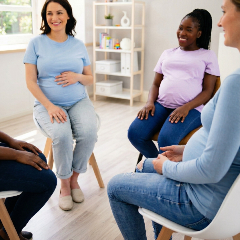 Change it to a literal description: A group of smiling pregnant women sitting in a circle and talking together during a group meeting.